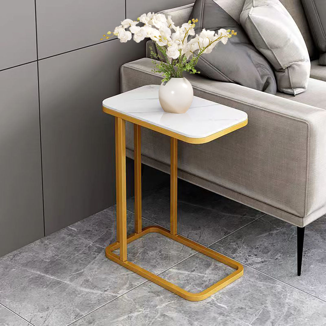 30x50cm White Ceramic Sofa Side Square Mini Table w/ Gold Metal Legs