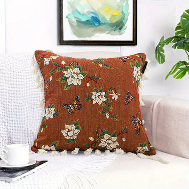 SOGA 45cm French Vintage Butterfly and Flower Tassel with Caramel Color Throw Pillow