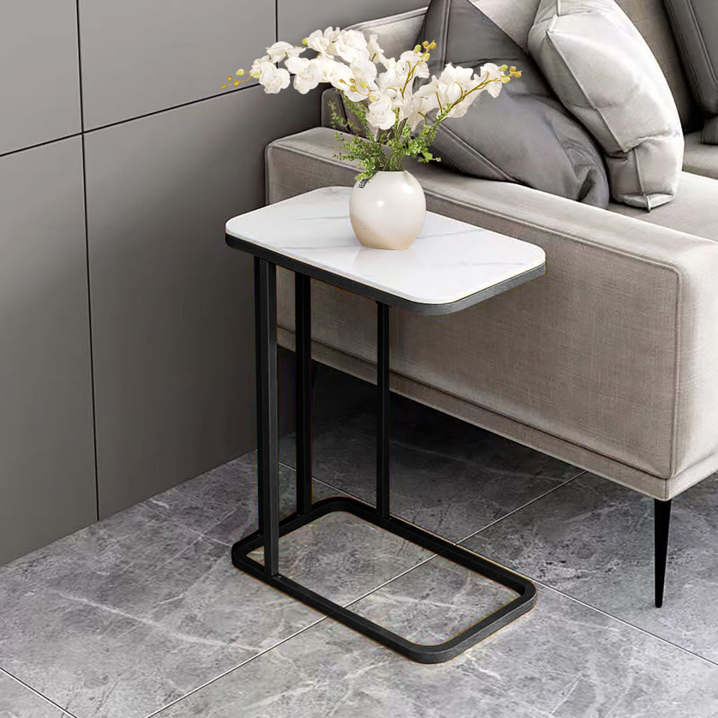 30x50x58cm White Ceramic Sofa Side Square Mini Table w/ Black Metal Legs