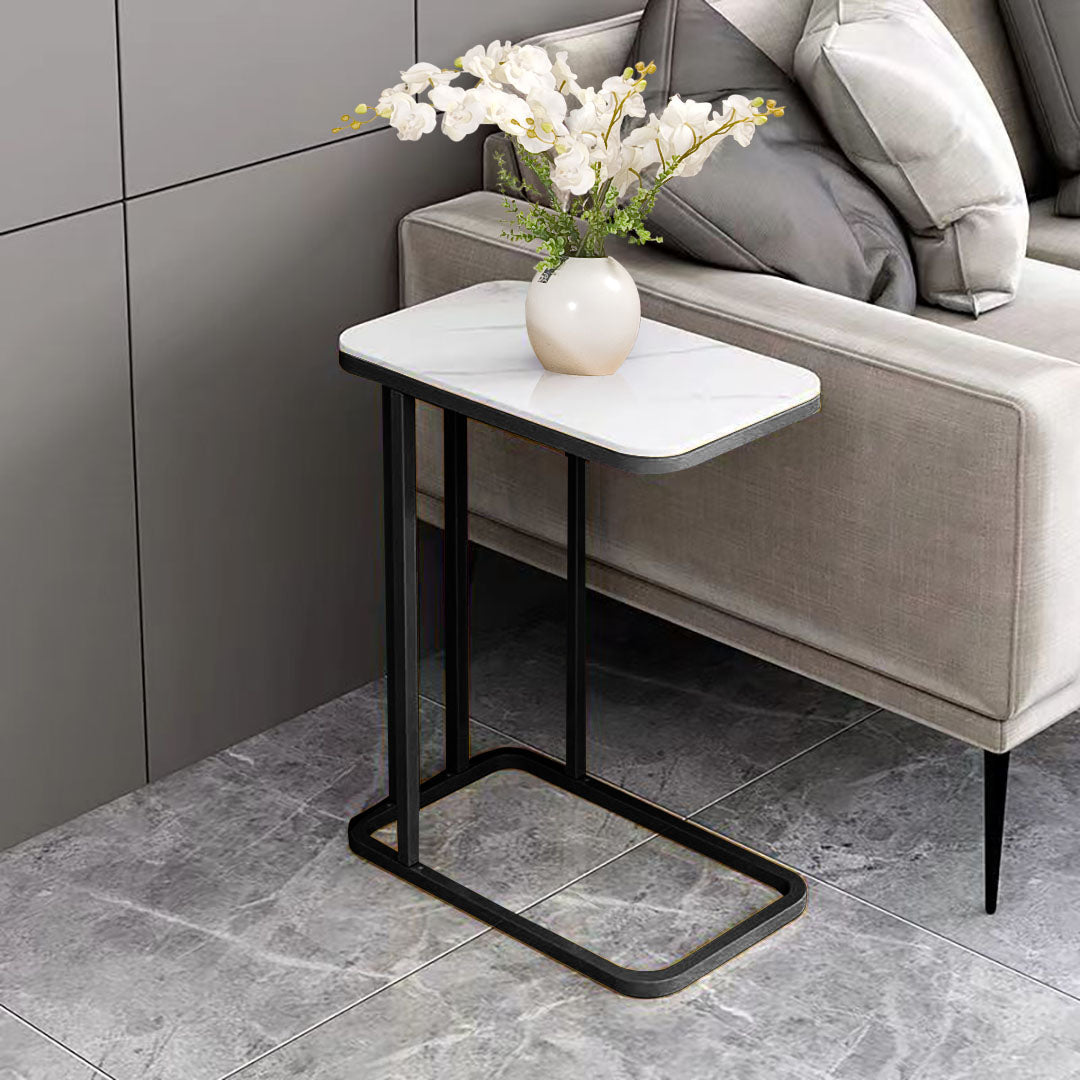 30x50x58cm White Ceramic Sofa Side Square Mini Table w/ Black Metal Legs