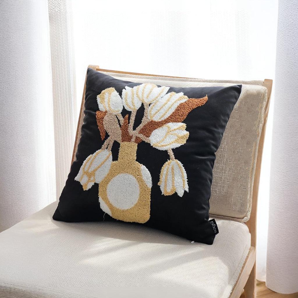 SOGA 45cm Black White Gold Floral Vase Embroidered Throw Pillow