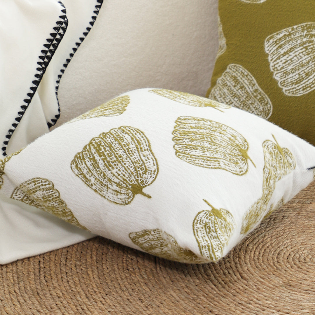 50cm Throw Pillow White with Olive Green Autumn Harvest Pumpkin Print