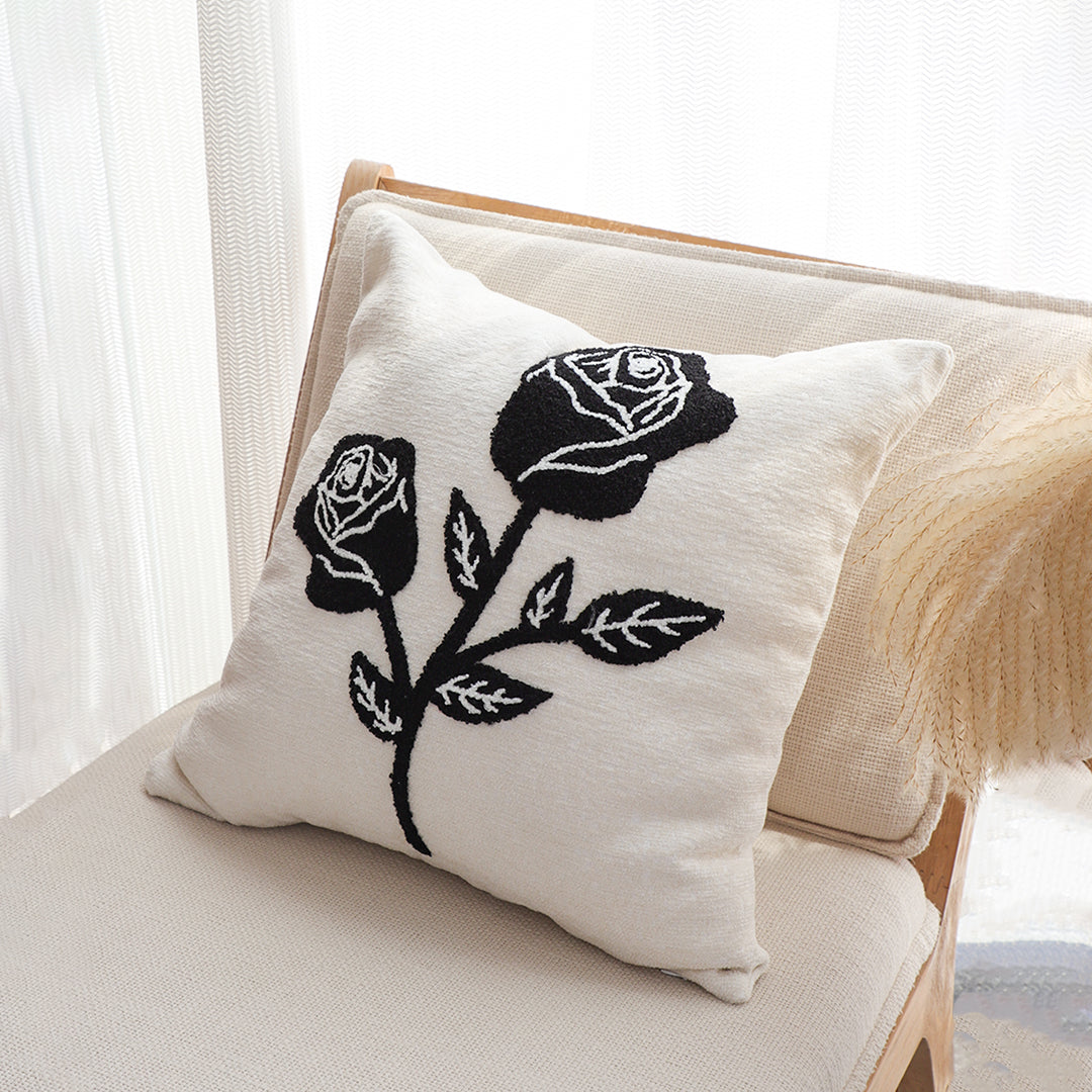 SOGA 45cm White Black Rose Floral Embroidered Throw Pillow