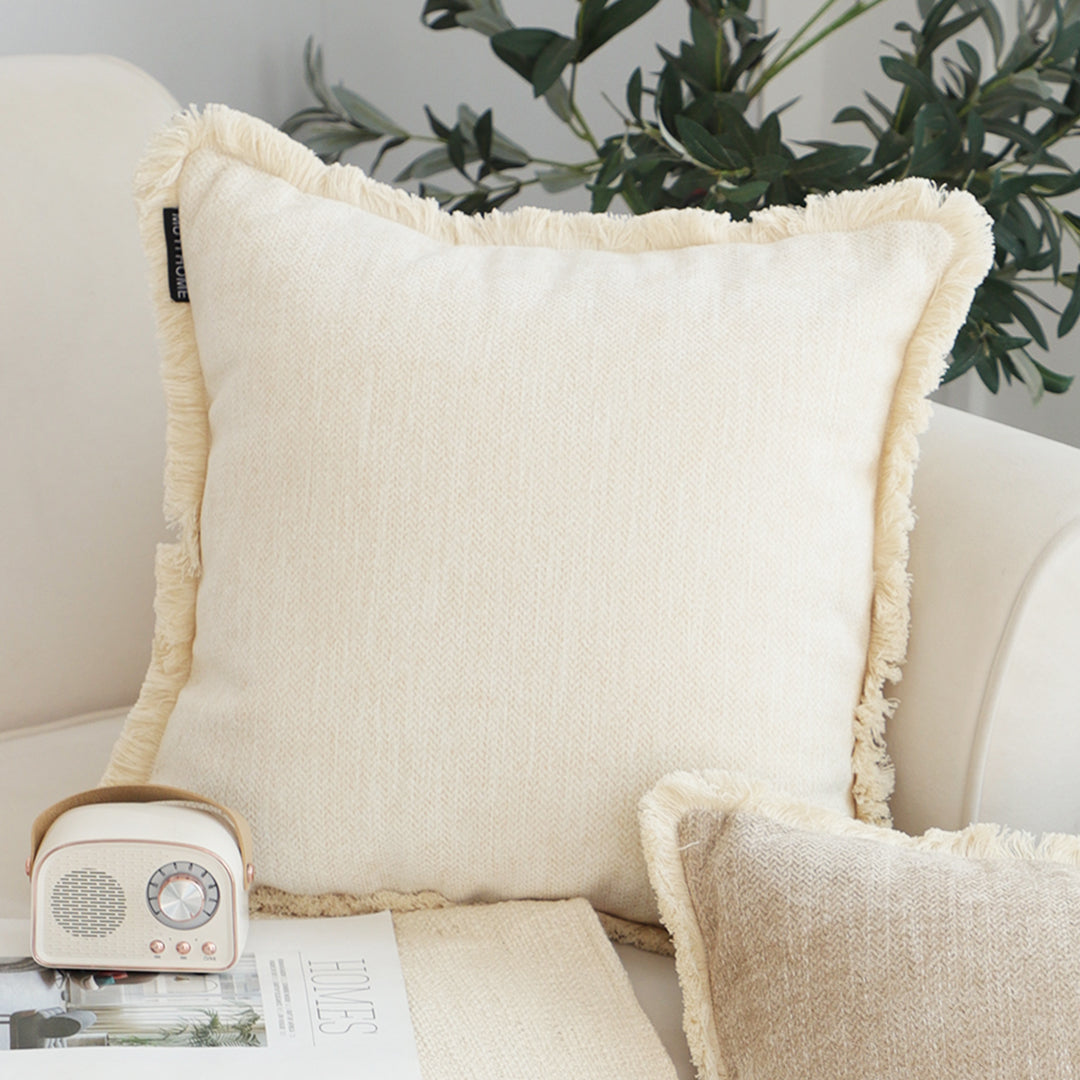 SOGA 45cm Throw Pillow White Chenille Textured with Tassels Stylish Square
