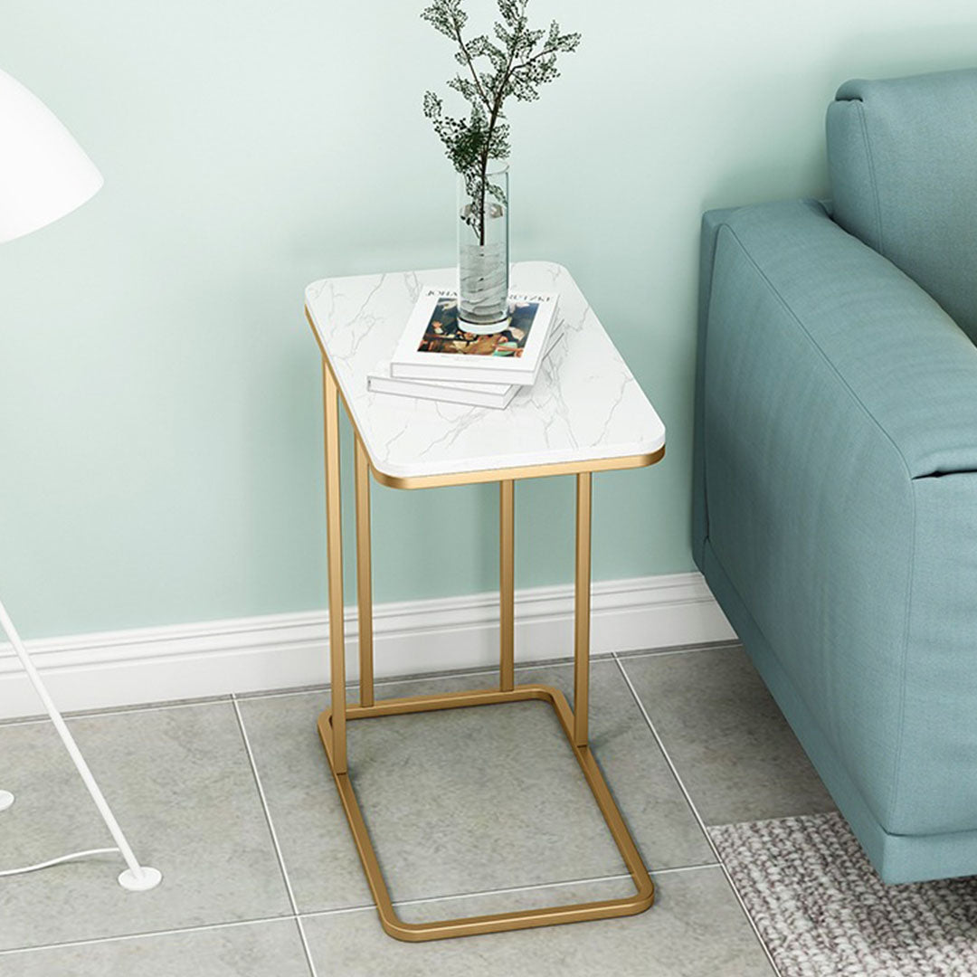 30x50cm White Ceramic Sofa Side Square Mini Table w/ Gold Metal Legs