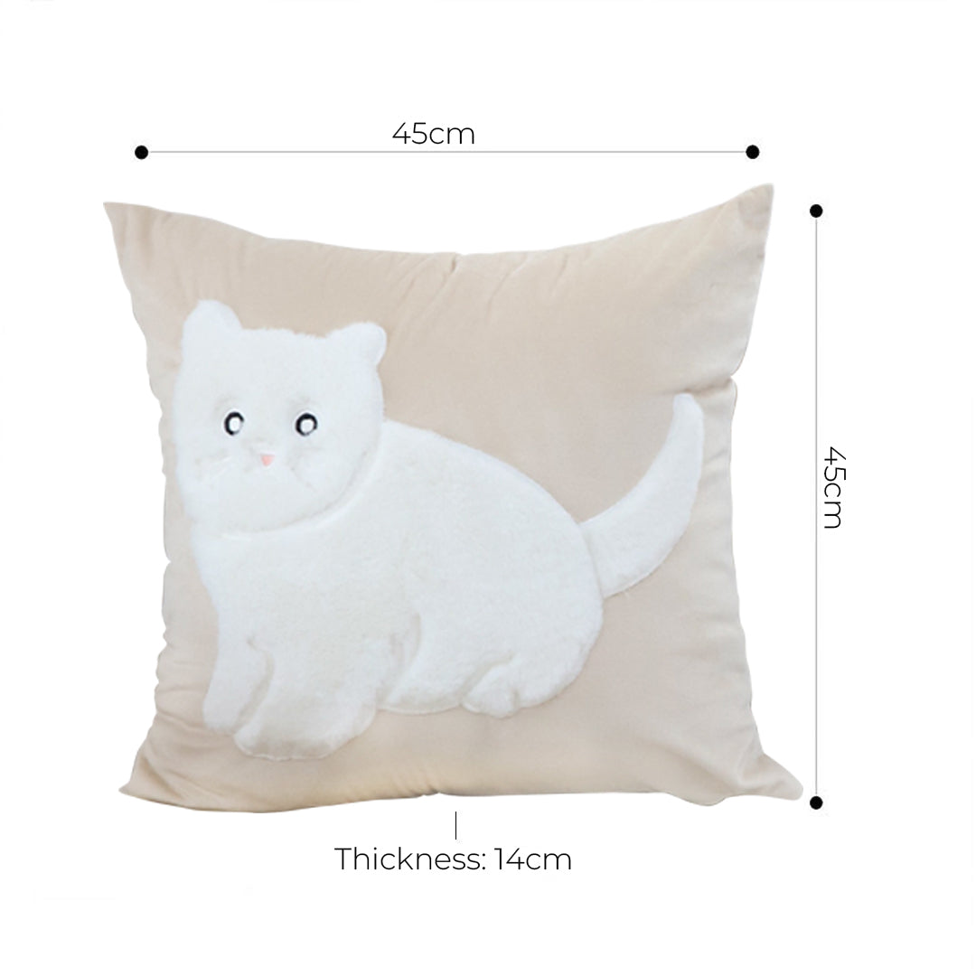 45cm Throw Pillow Light Tan Square Cushion with Soft White Cat Design