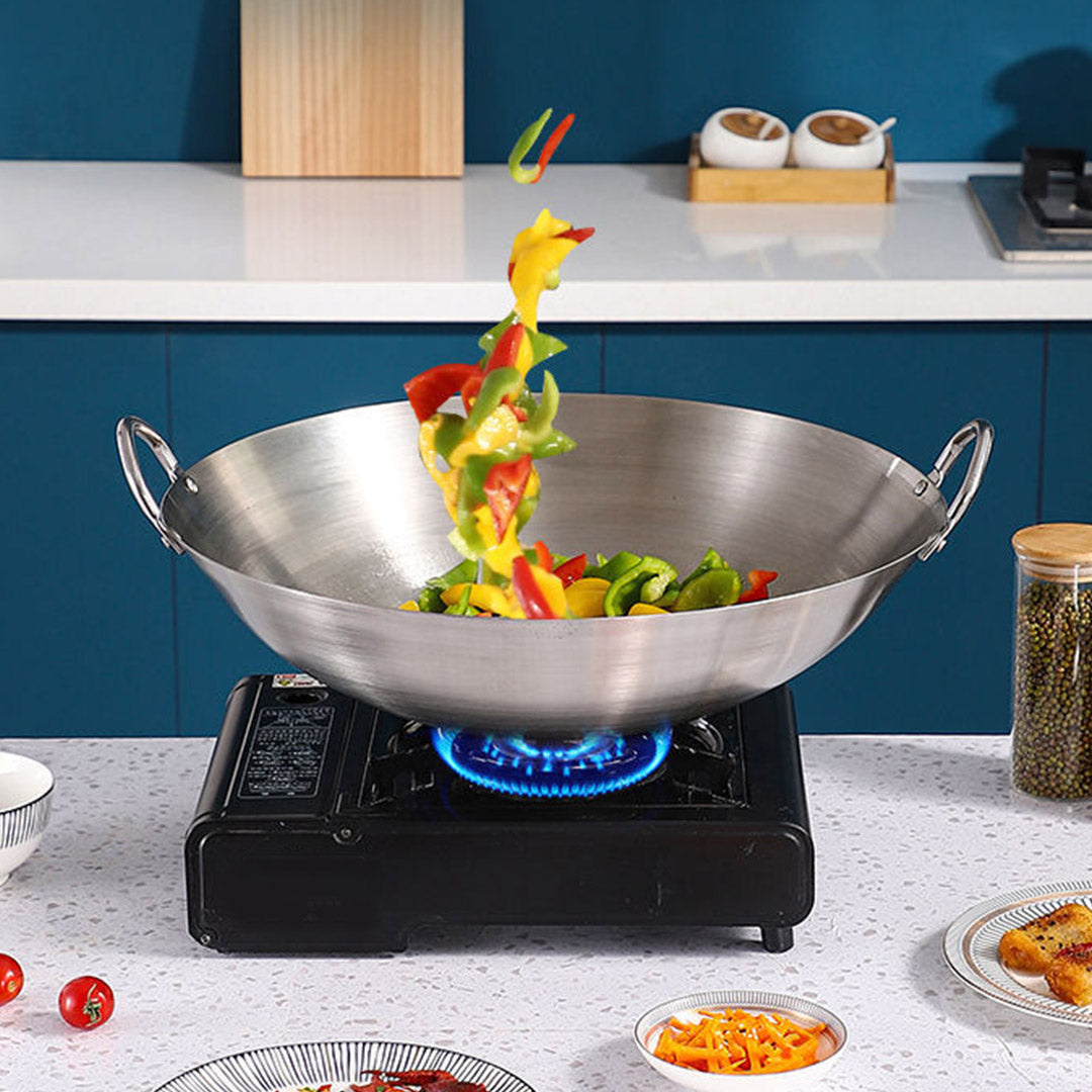 55cm Stainless Steel Kitchen Cooking Wok with 2 Sturdy Handles