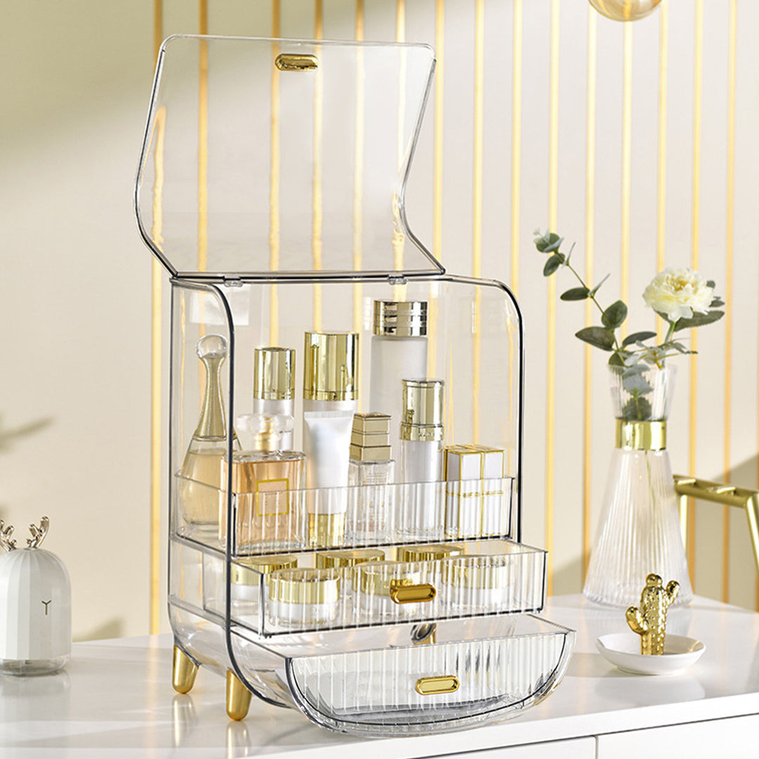 3 Tier Transparent Multifunctional Countertop Cosmetic Storage Drawer Type Organiser