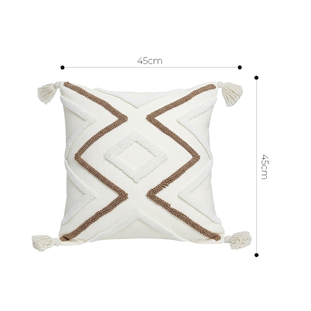 SOGA Boho Tufted Cushion 45cm Tassel White Brown Geometric Decorative Throw Pillow