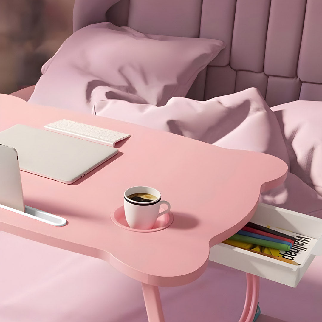 Pink Portable Bed Table With Mini Drawer and Cup-Holder