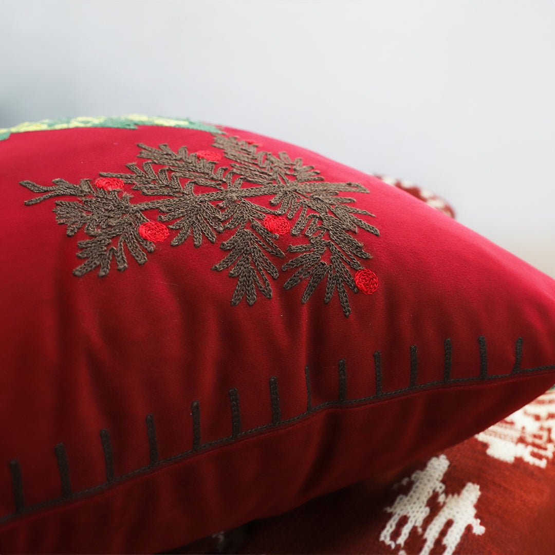 SOGA 45cm Burgundy Red Throw Pillow with Three Embroidered Christmas Trees