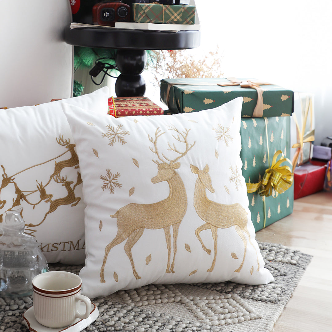 45cm Throw Pillow White with Golden Christmas Reindeer Festive