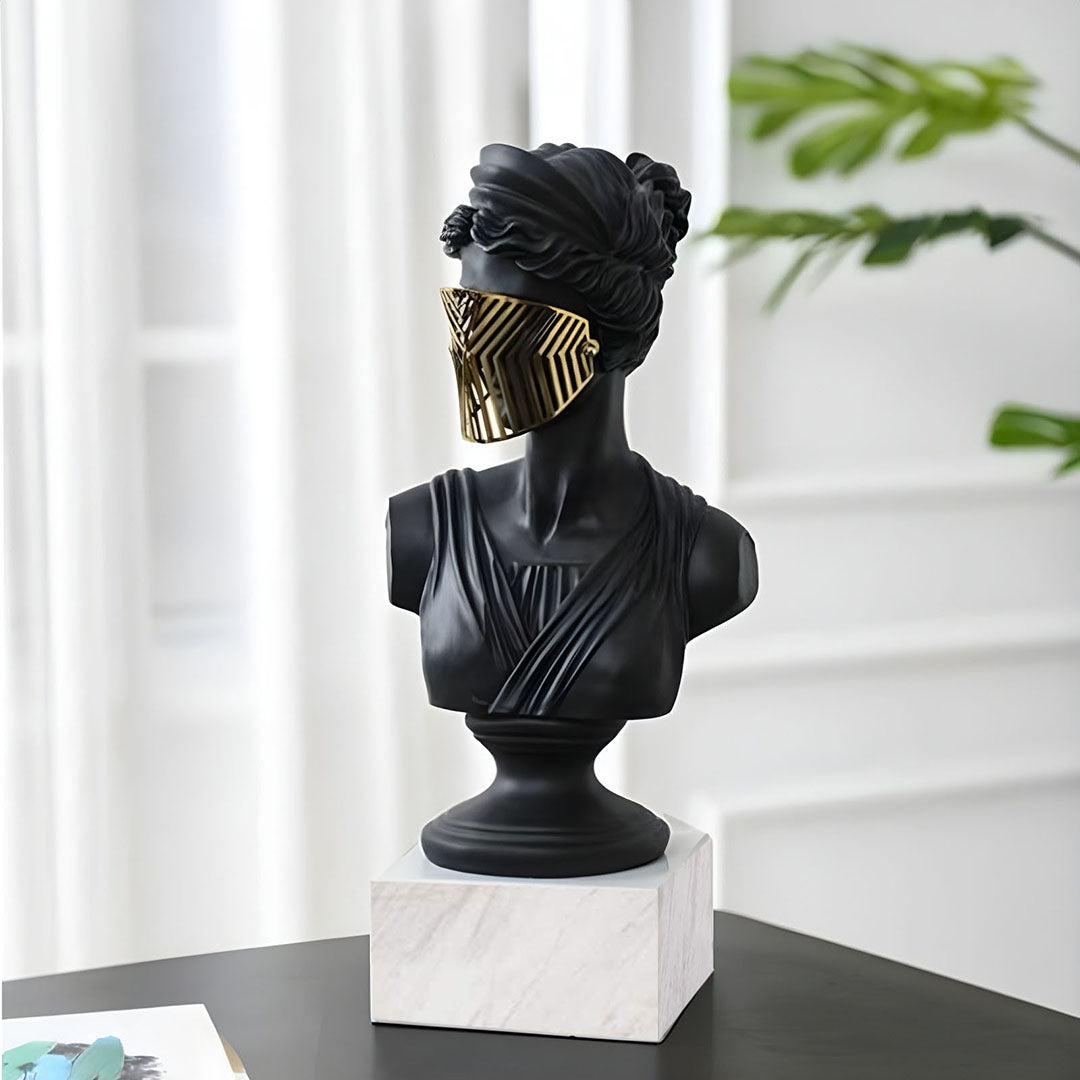 SOGA 45cm Black Resin Bust – Gold Striped Mask Home Sculpture