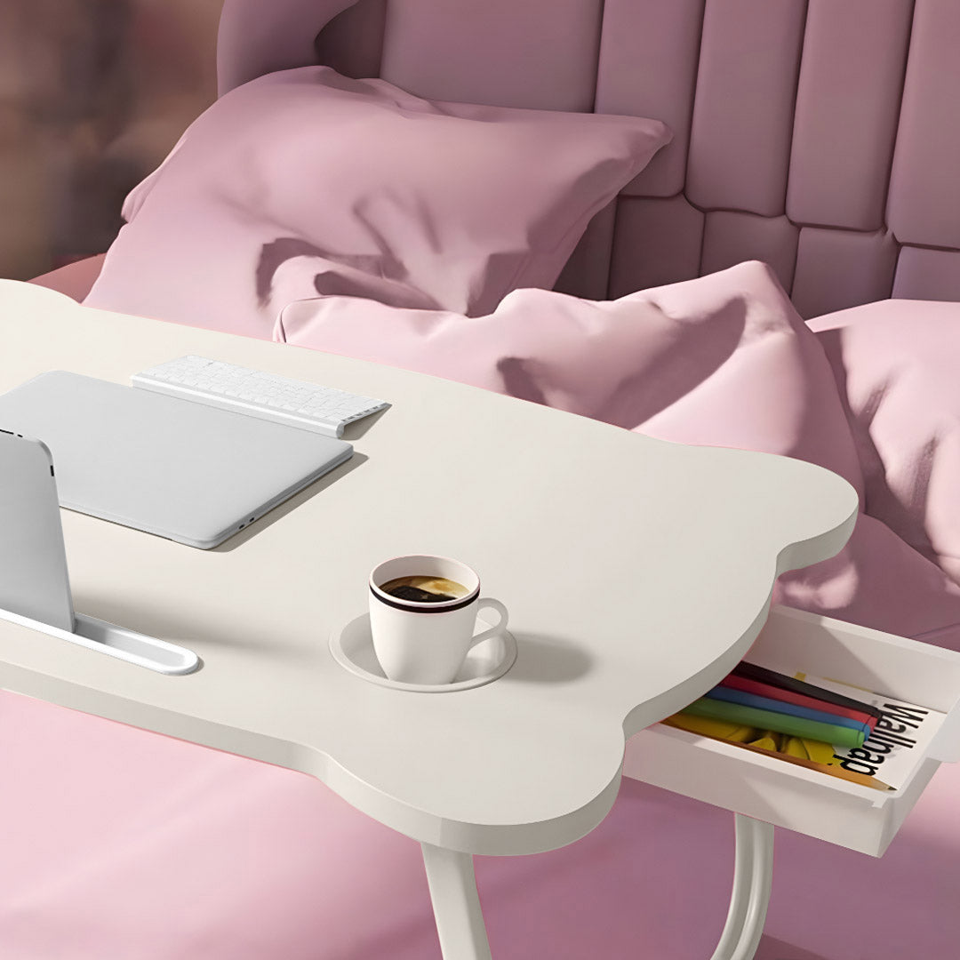 White Portable Bed Table With Mini Drawer and Cup-Holder
