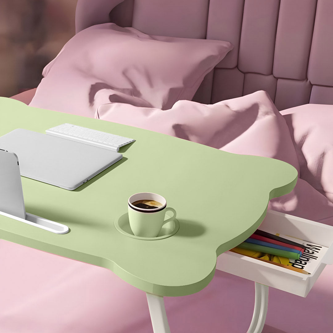 Green Portable Bed Table With Mini Drawer and Cup-Holder