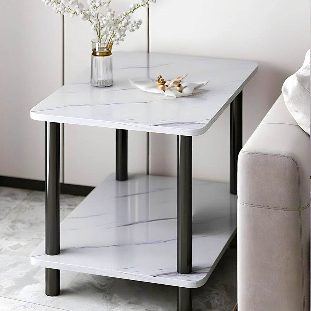 70cm White Ceramic Table Stone Pattern with Black Metal Legs