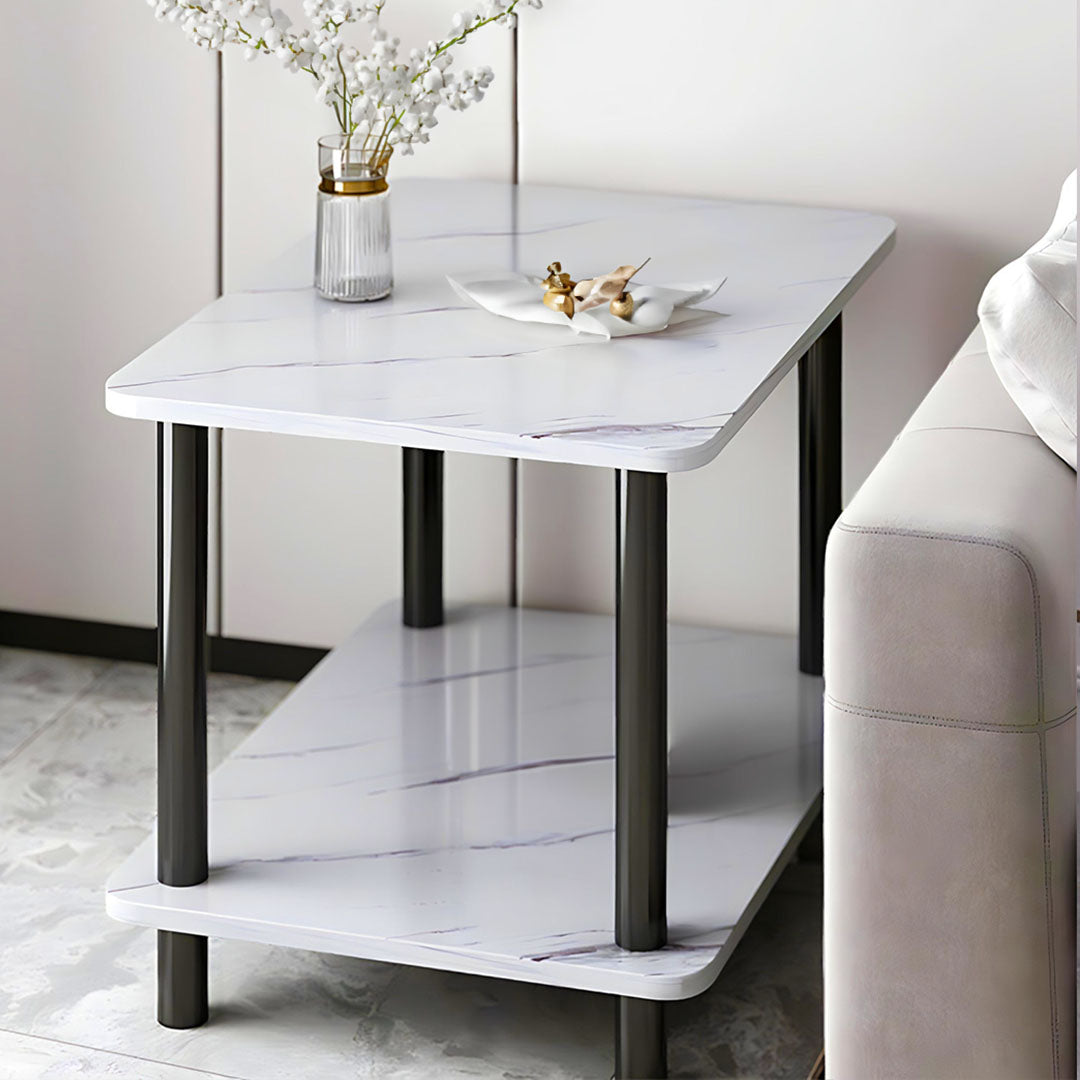 70cm White Ceramic Table Stone Pattern with Black Metal Legs
