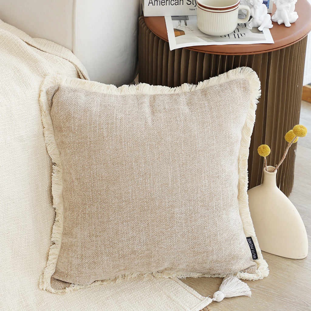 SOGA 45cm Throw Pillow Latte Color Chenille Textured with Tassels