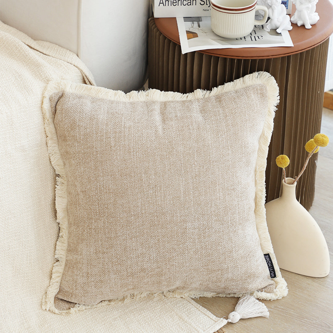 SOGA 45cm Throw Pillow Latte Color Chenille Textured with Tassels