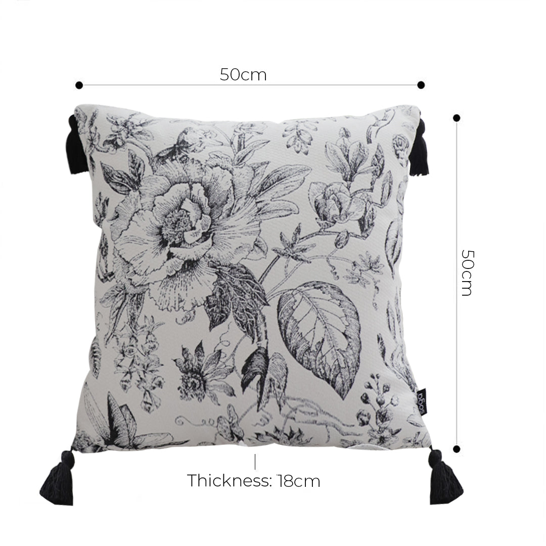 SOGA 50cm Throw Pillow  Black and White Elegant Floral Print with Tassel