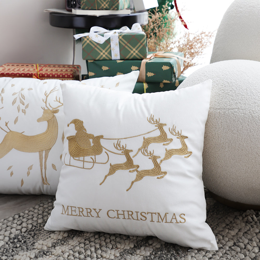 SOGA 45cm Throw Pillow White with Golden Christmas Sleigh Design