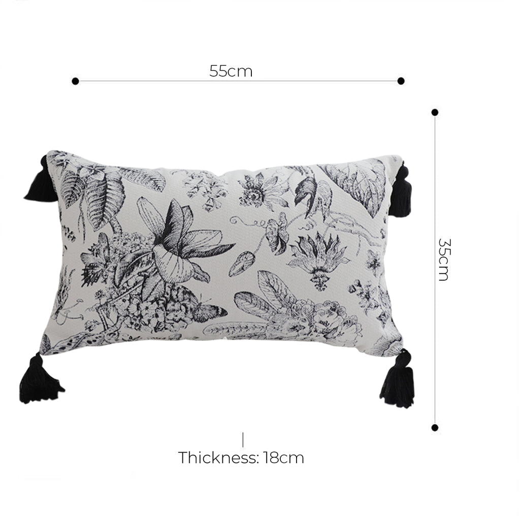 SOGA 35cm Throw Pillow  Black and White Floral Print Elegant with Tassel