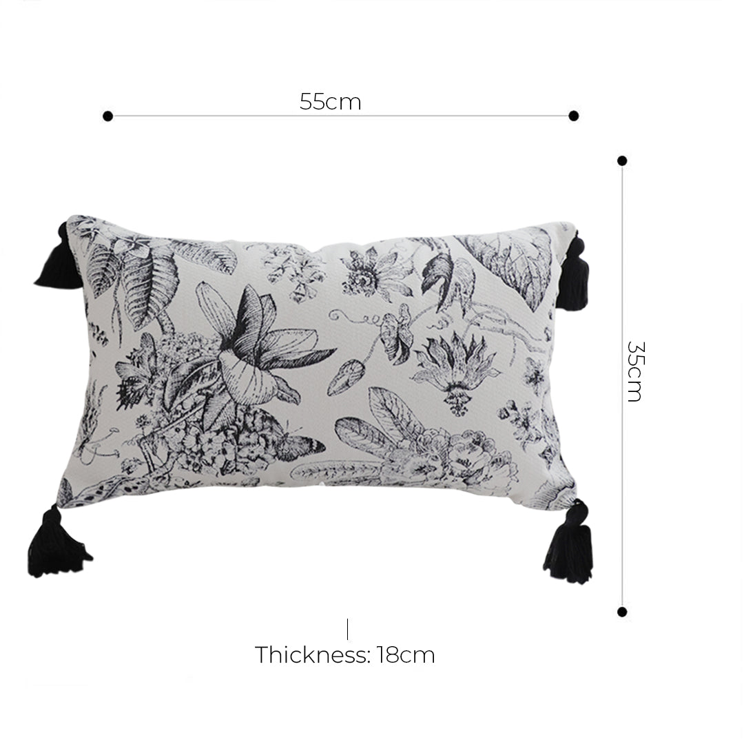 SOGA 35cm Throw Pillow  Black and White Floral Print Elegant with Tassel