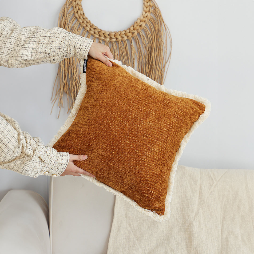 45cm Throw Pillow Sunset Orange Chenille Textured with Tassels