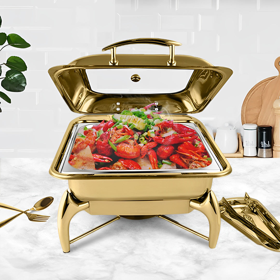Gold Plated Square Chafing Dish with Top Lid