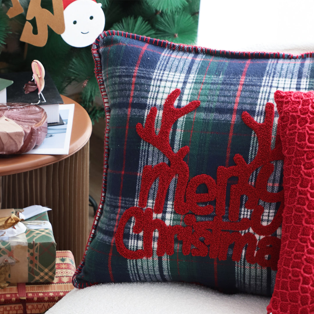 45cm Throw Pillow Multicolor Christmas Plaid with Antler Design