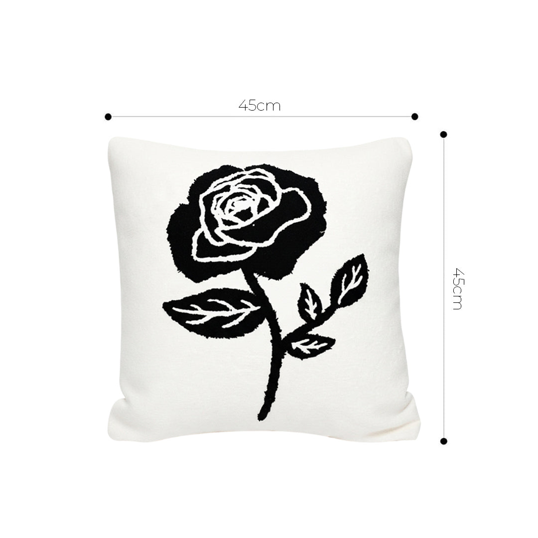 SOGA 45cm White Black Single Rose Embroidered Throw Pillow
