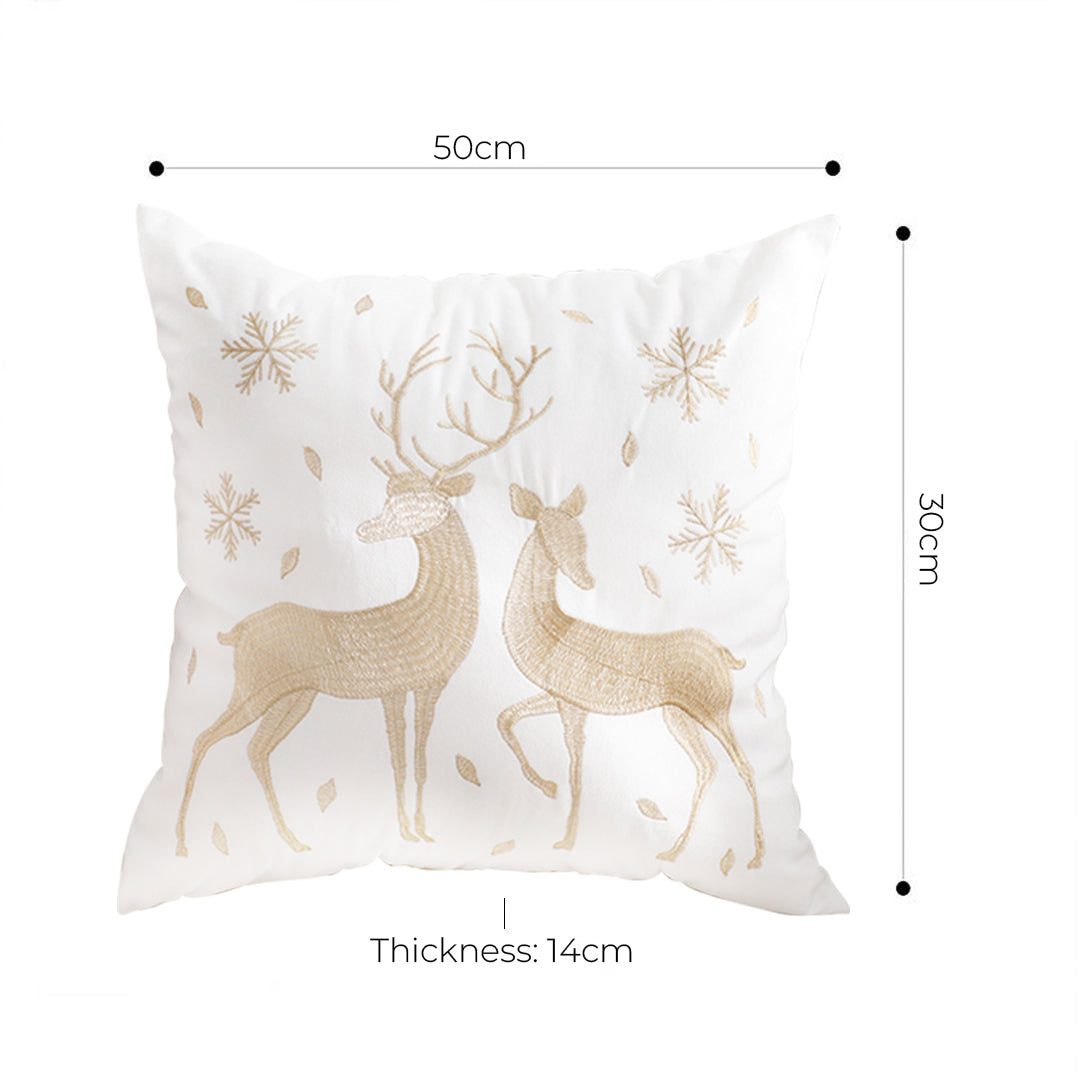 45cm Throw Pillow White with Golden Christmas Reindeer Festive