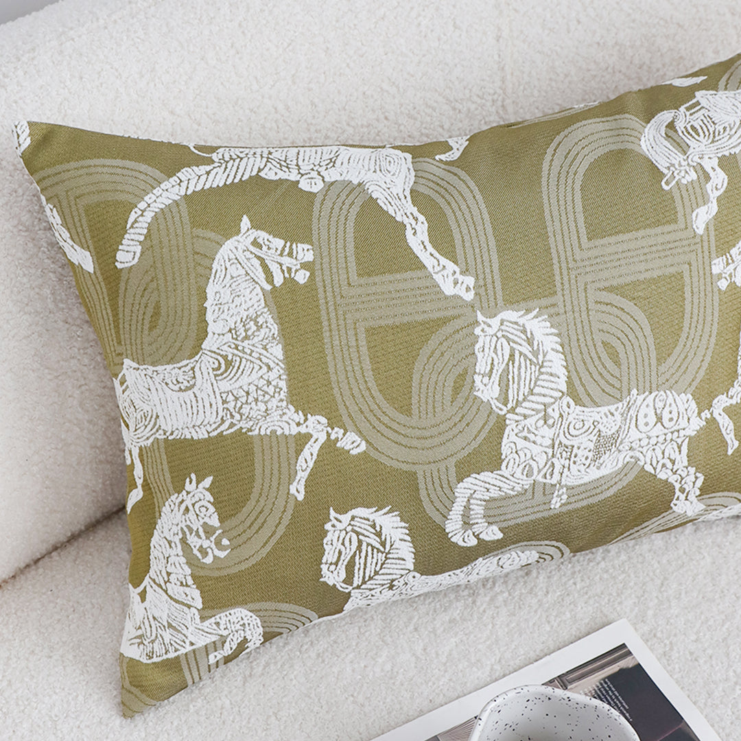 SOGA 35cm Vintage Olive Green White Horse Pattern Throw Pillow