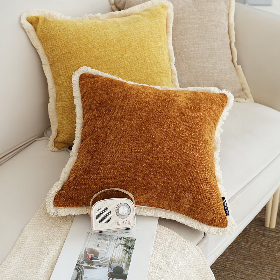 45cm Throw Pillow Sunset Orange Chenille Textured with Tassels