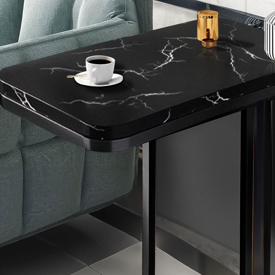 30x50cm Black Stone-Patterned Side Square Mini Table w/ Black Metal Legs