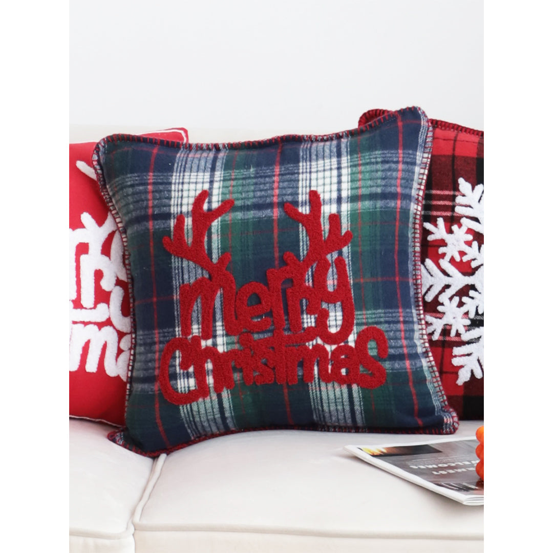 45cm Throw Pillow Multicolor Christmas Plaid with Antler Design