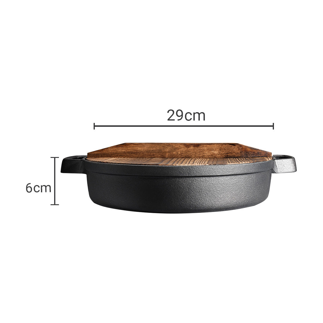 29cm Round Cast Iron Frying Pan with Wooden Lid