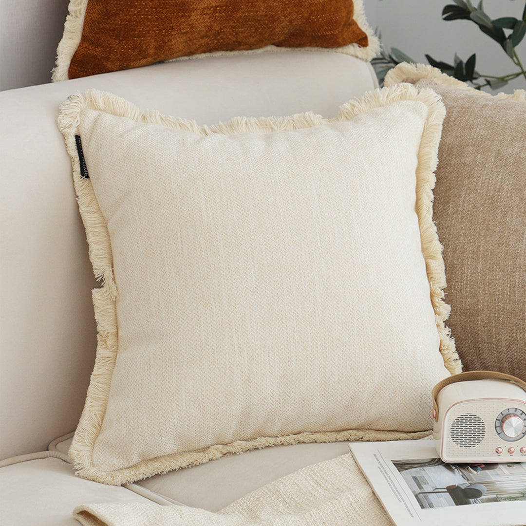 SOGA 45cm Throw Pillow White Chenille Textured with Tassels Stylish Square