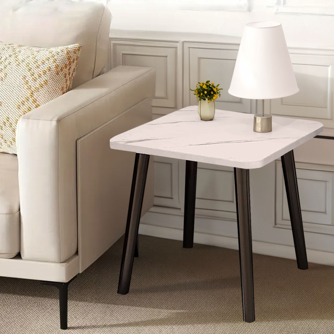 40cm White Ceramic Table Stone Pattern Black Metal Legs