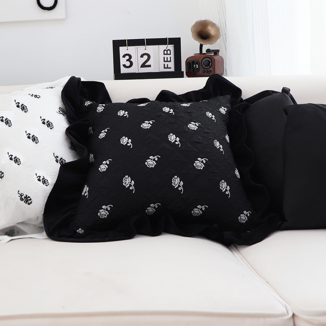 45cm Throw Pillow Black Ruffled Square