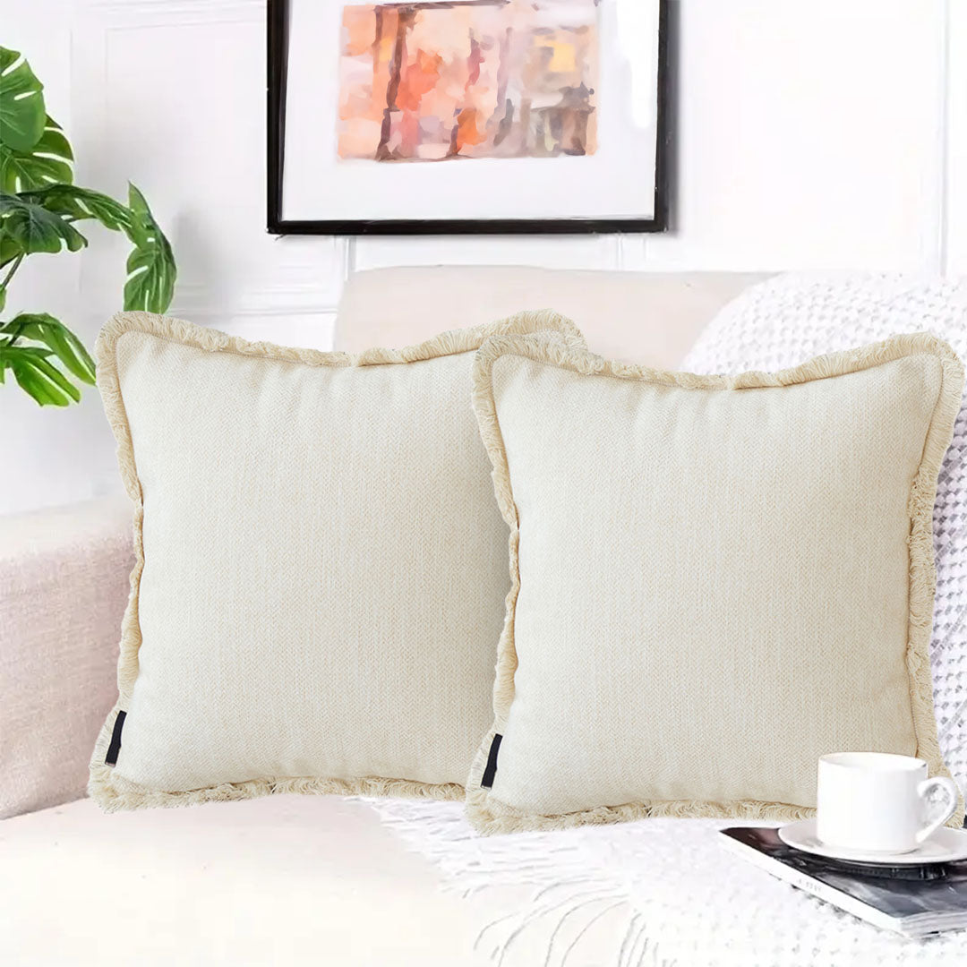 SOGA 45cm Creamy White Home Aesthetic Chenille Texture Tassel Square Throw Pillow