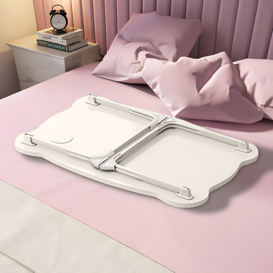 White Portable Bed Table With Mini Drawer and Cup-Holder