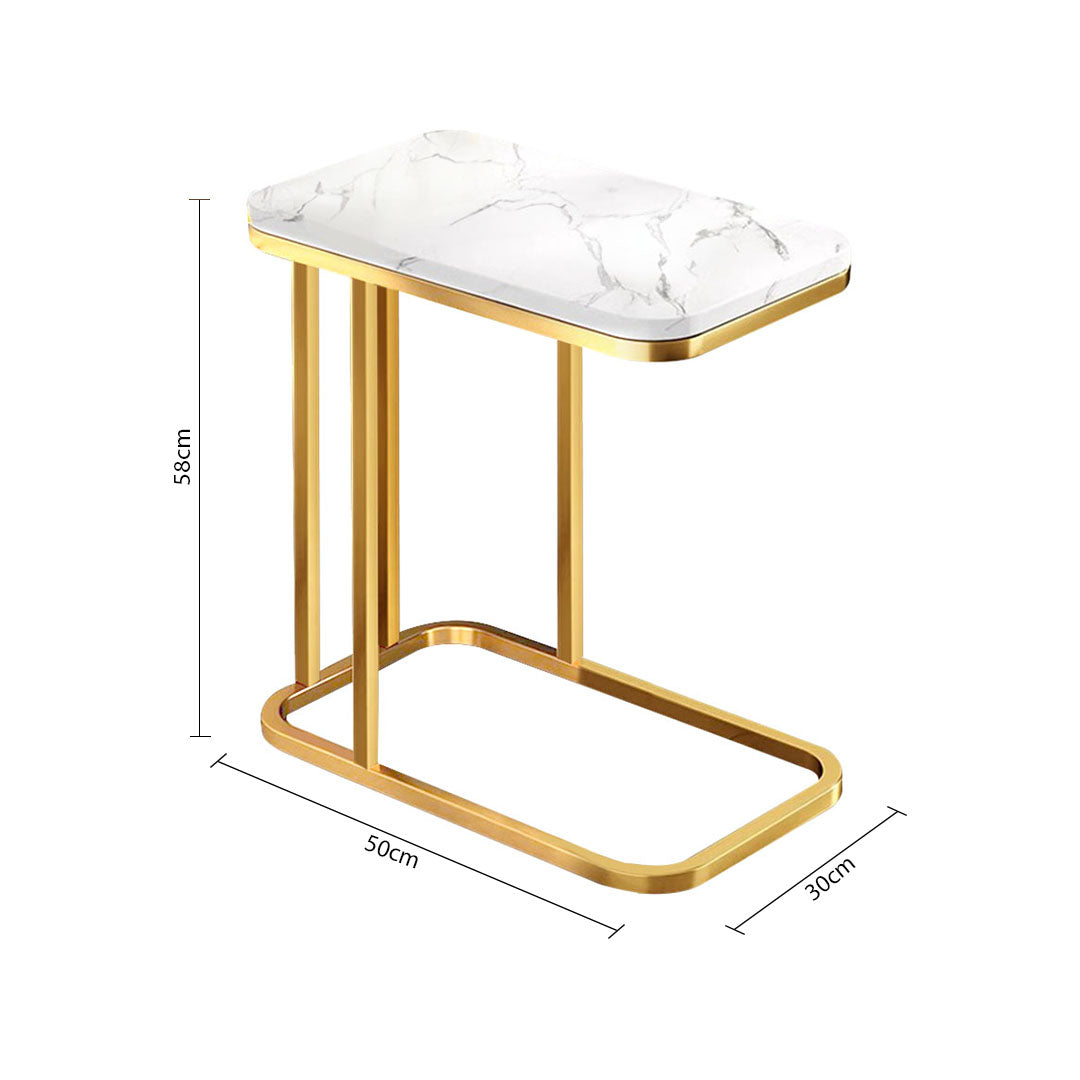 30x50cm White Ceramic Sofa Side Square Mini Table w/ Gold Metal Legs