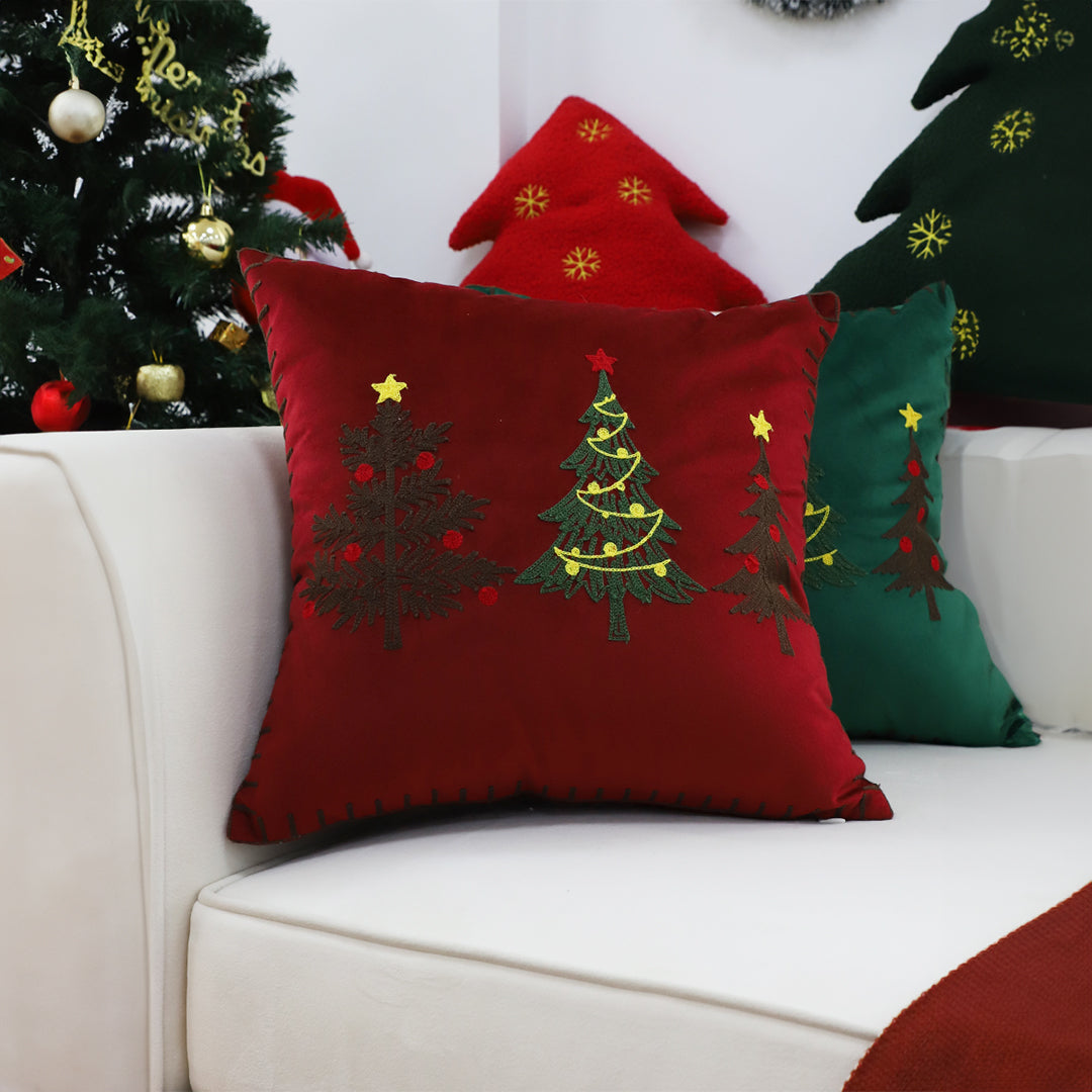 SOGA 45cm Burgundy Red Throw Pillow with Three Embroidered Christmas Trees