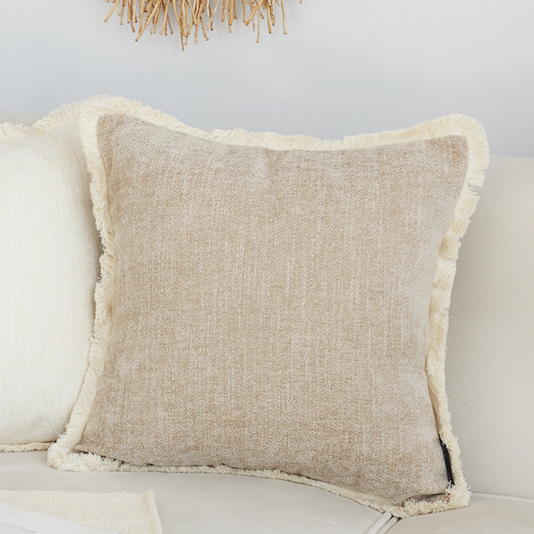 SOGA 45cm Throw Pillow Latte Color Chenille Textured with Tassels