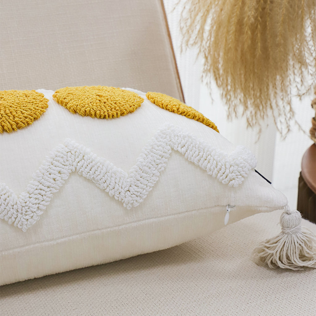 SOGA 30cm Cream Yellow Circle Pom Chevron Tassel Decorative Pillow