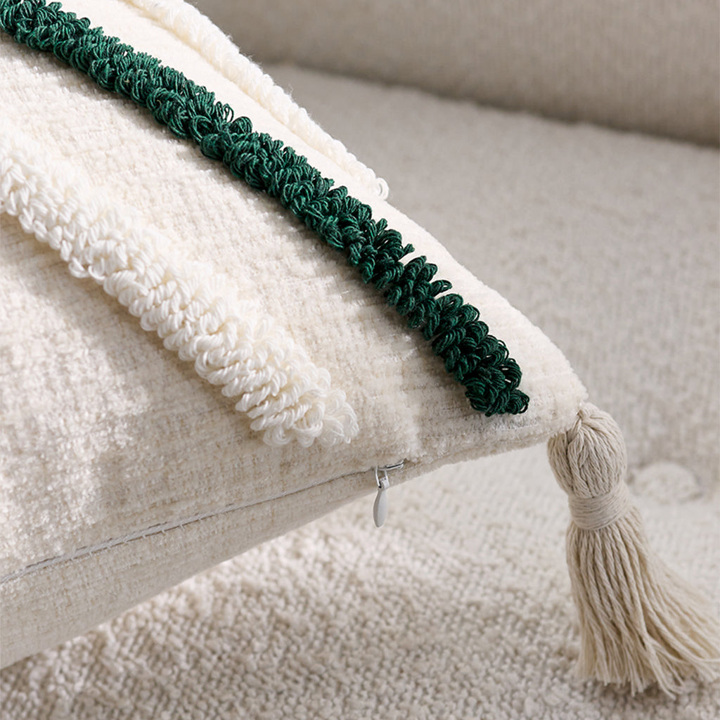 SOGA Boho Tufted Cushion 45cm Tassel Beige Green Geometric Chevron Throw Pillow