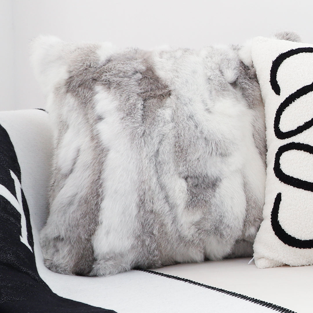 45cm Throw Pillow Floral Gray Rabbit Fur Square