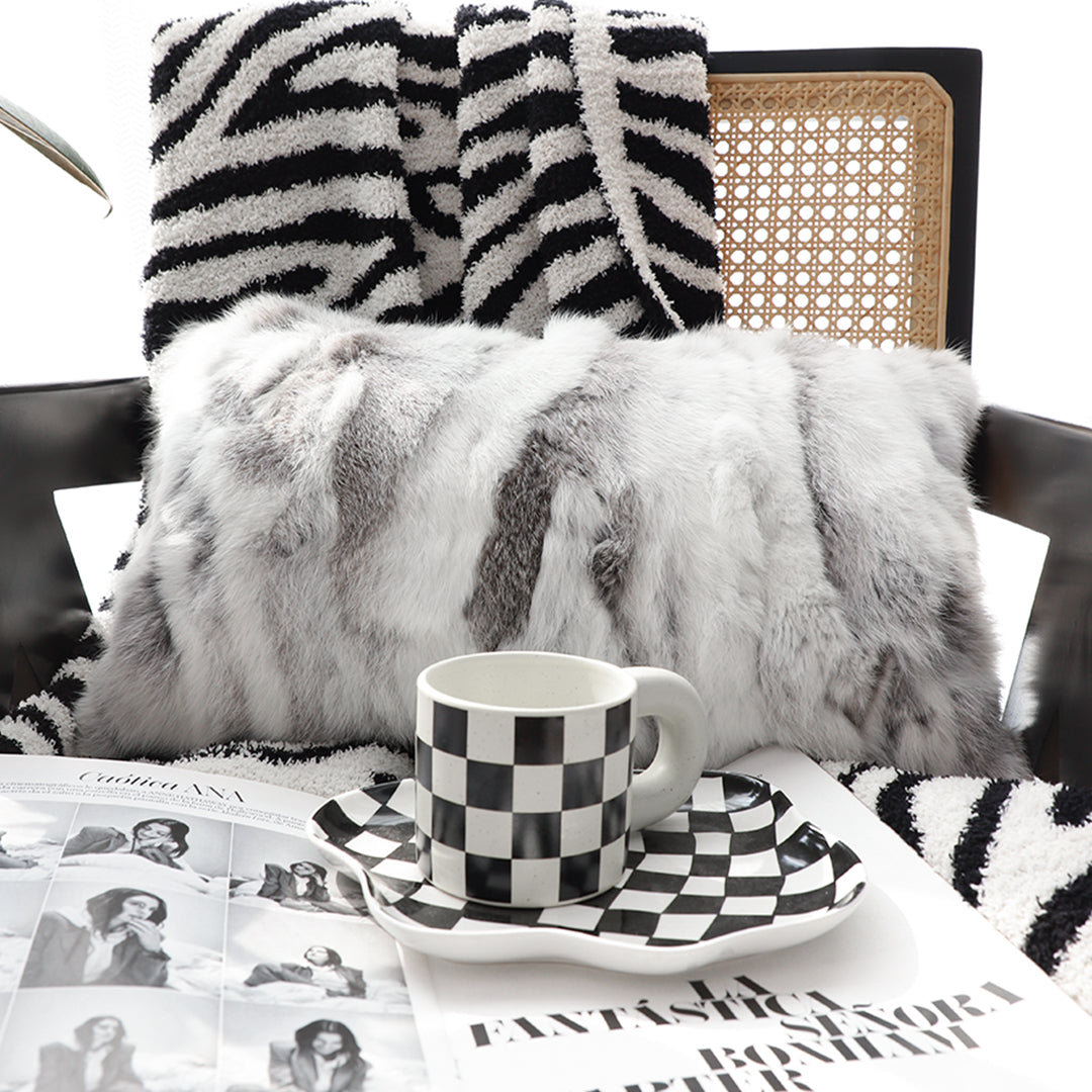30cm Throw Pillow Floral Gray Rabbit Fur Lumbar