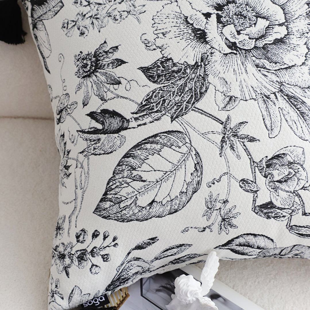 SOGA 50cm Throw Pillow  Black and White Elegant Floral Print with Tassel